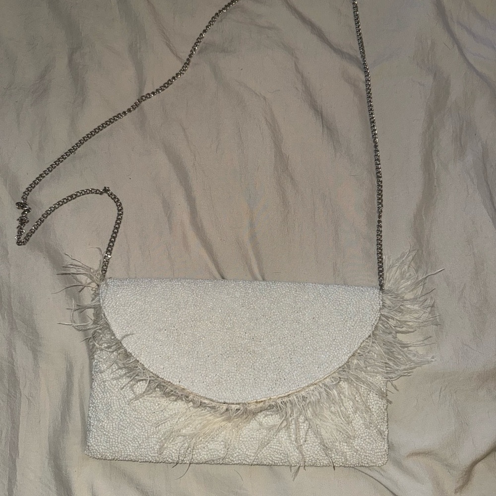 Chic white beaded Feathered Clutch- these three boutique